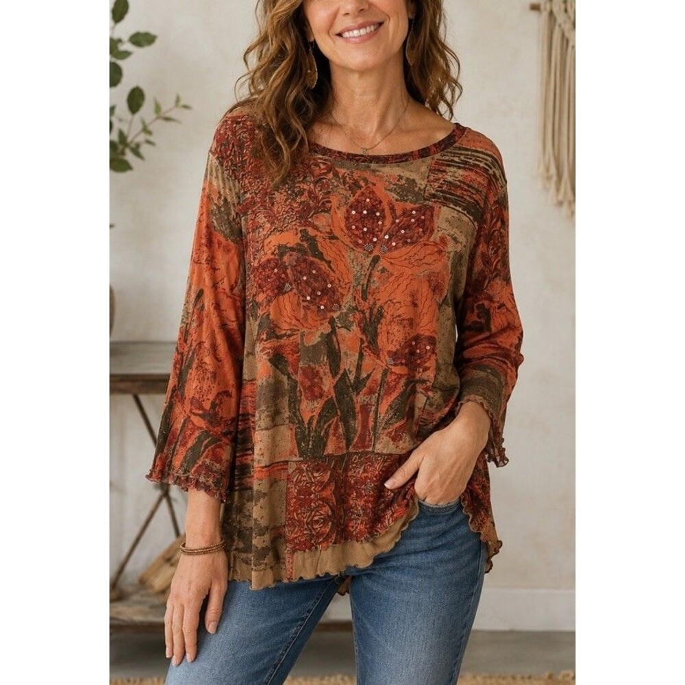 Multiples Autumn Floral Cotton Sparkle Top 1X Fall Color Artsy 3/4 Sleeves Tunic